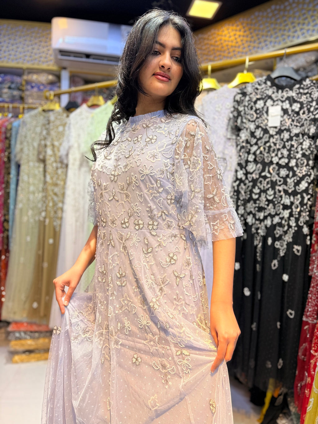 Lavender Hand-Beaded Floral Embroidery Maxi Dress with Flutter Sleeves