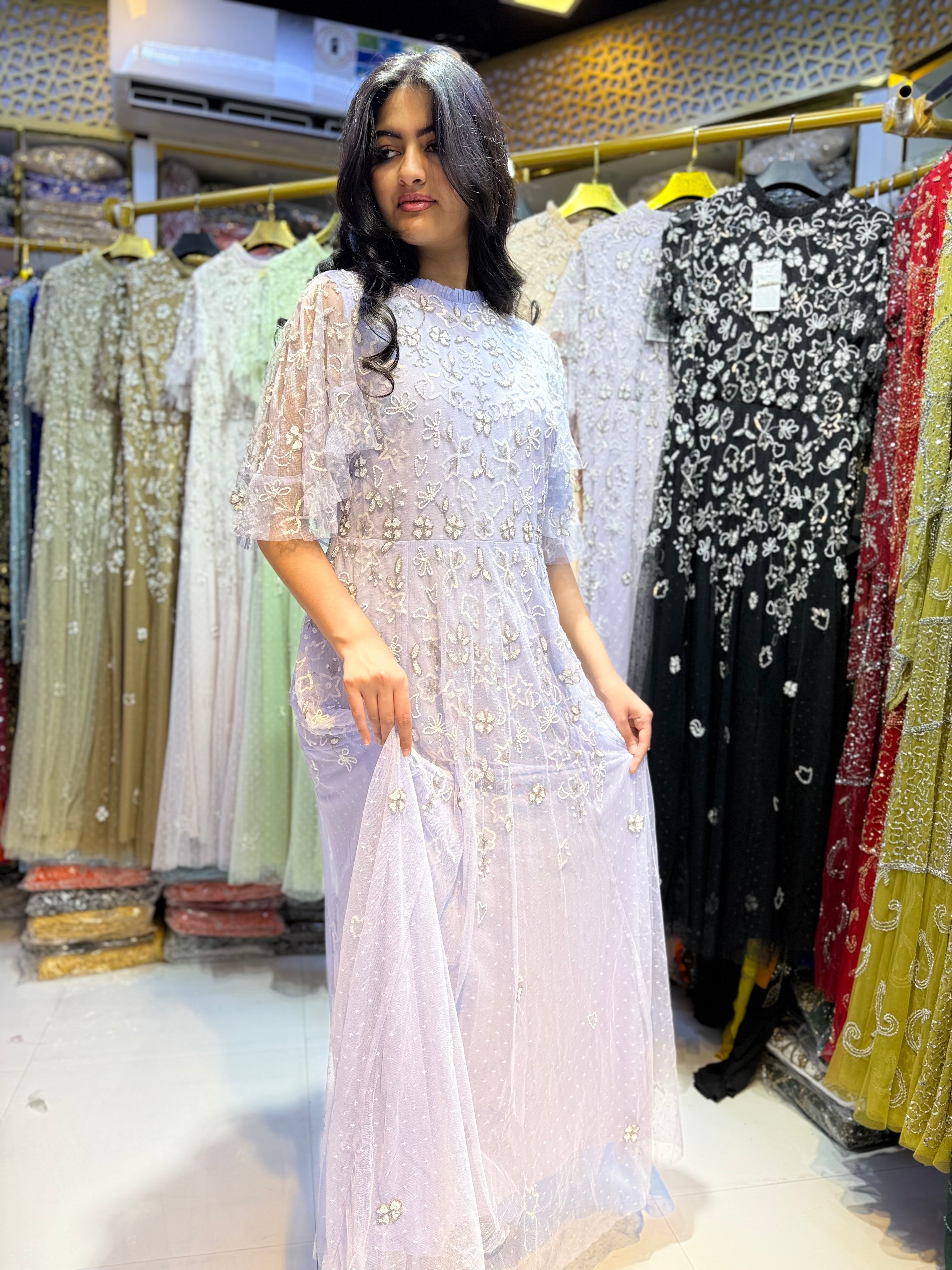 Lavender Hand-Beaded Floral Embroidery Maxi Dress with Flutter Sleeves