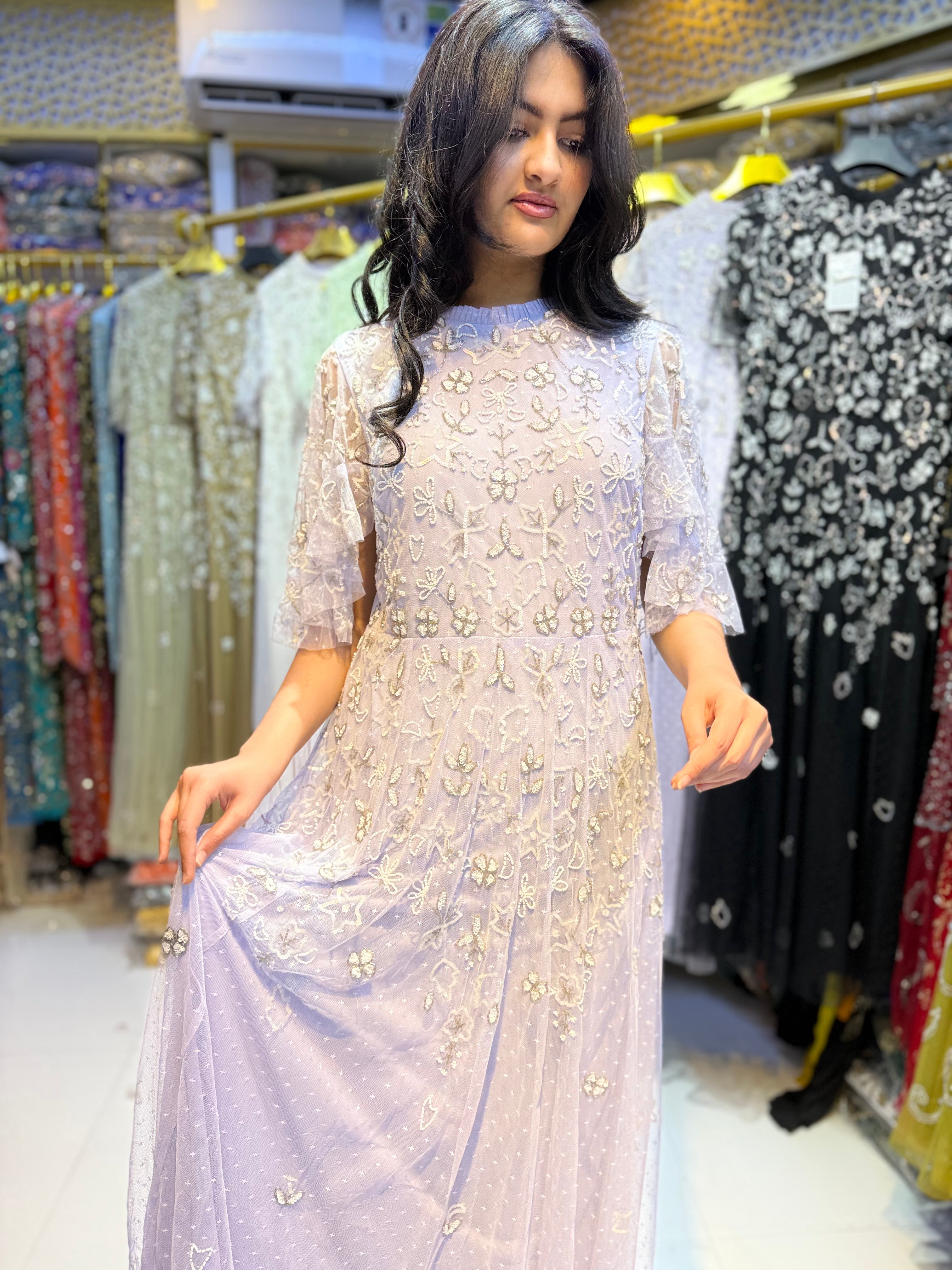 Lavender Hand-Beaded Floral Embroidery Maxi Dress with Flutter Sleeves