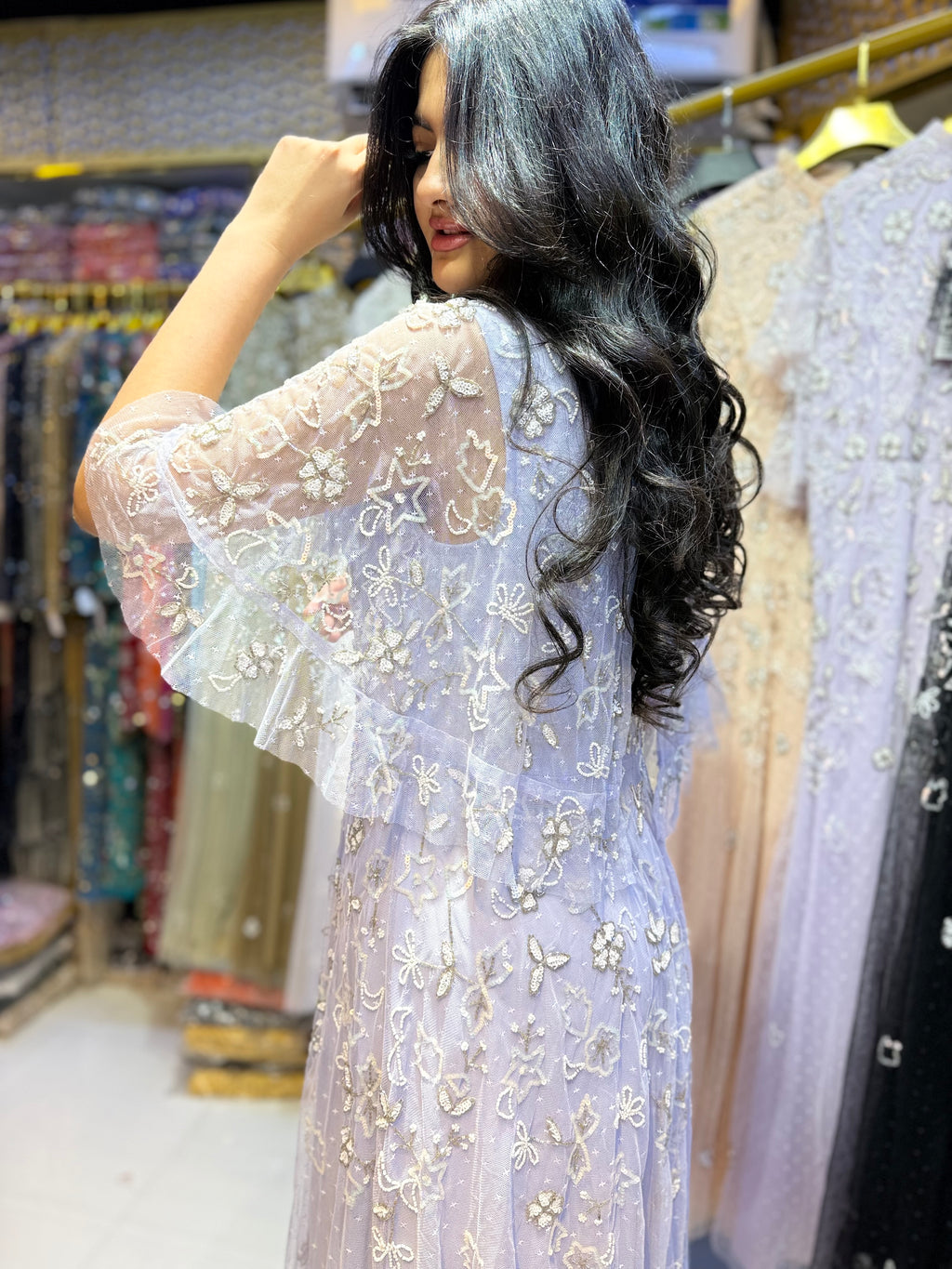 Lavender Hand-Beaded Floral Embroidery Maxi Dress with Flutter Sleeves