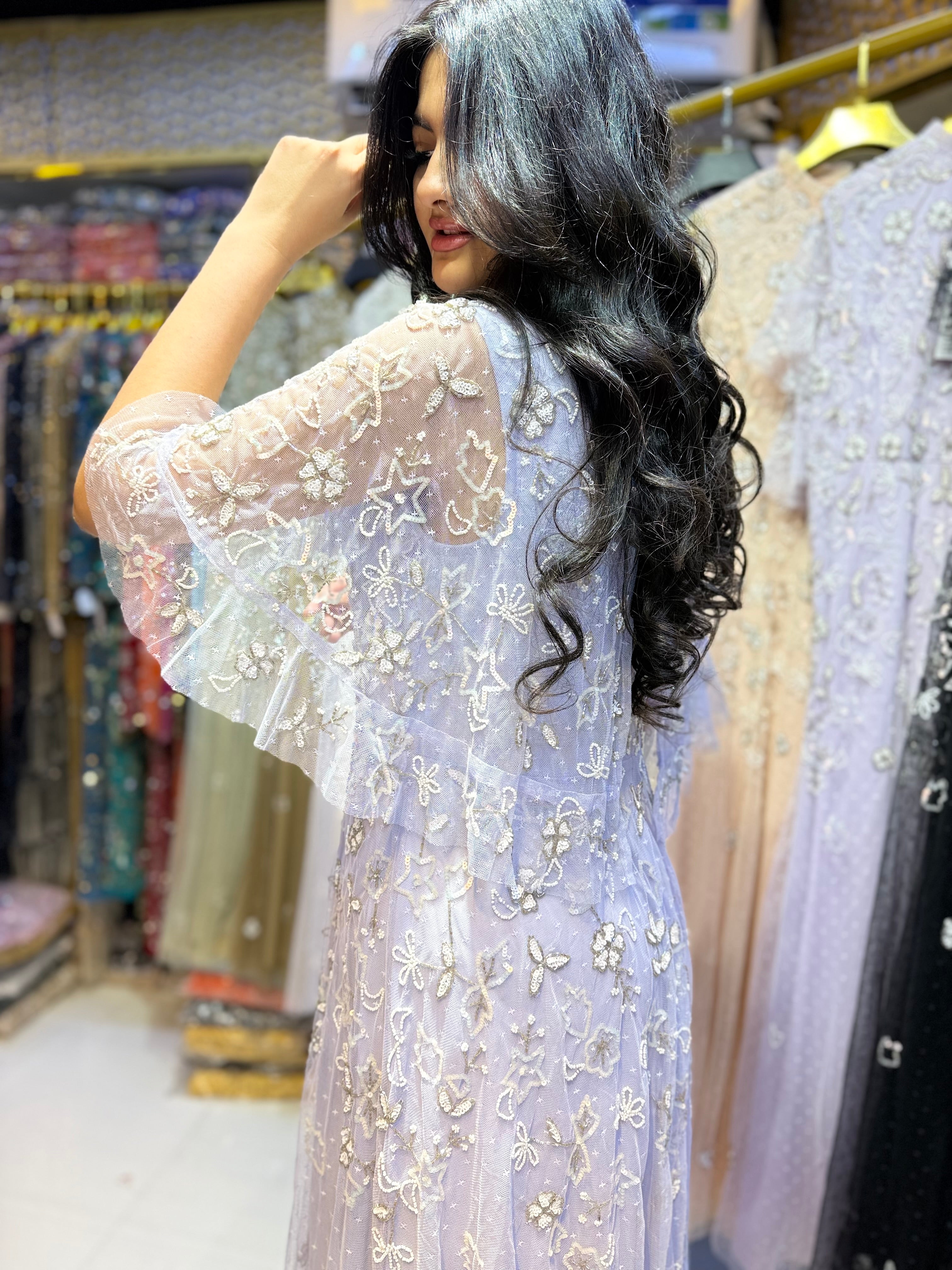 Lavender Hand-Beaded Floral Embroidery Maxi Dress with Flutter Sleeves
