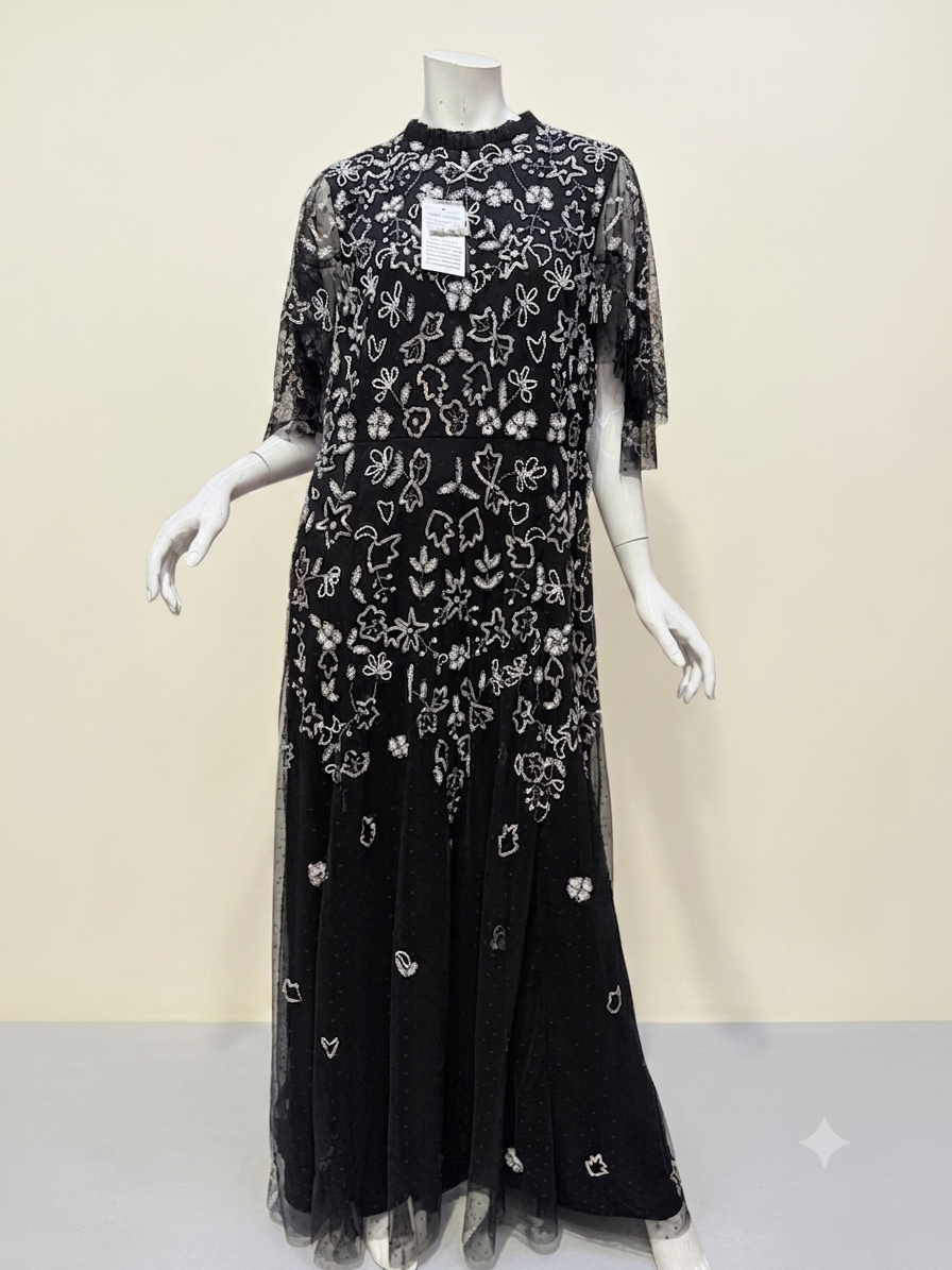Lavender Hand-Beaded Floral Embroidery Maxi Dress with Flutter Sleeves