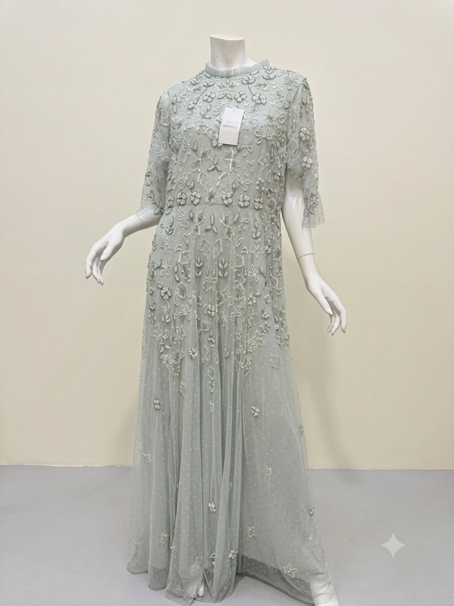 Lavender Hand-Beaded Floral Embroidery Maxi Dress with Flutter Sleeves
