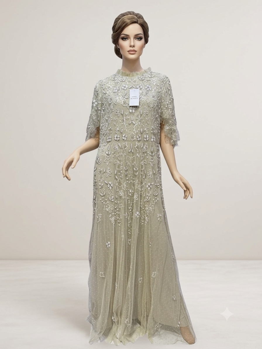 Lavender Hand-Beaded Floral Embroidery Maxi Dress with Flutter Sleeves