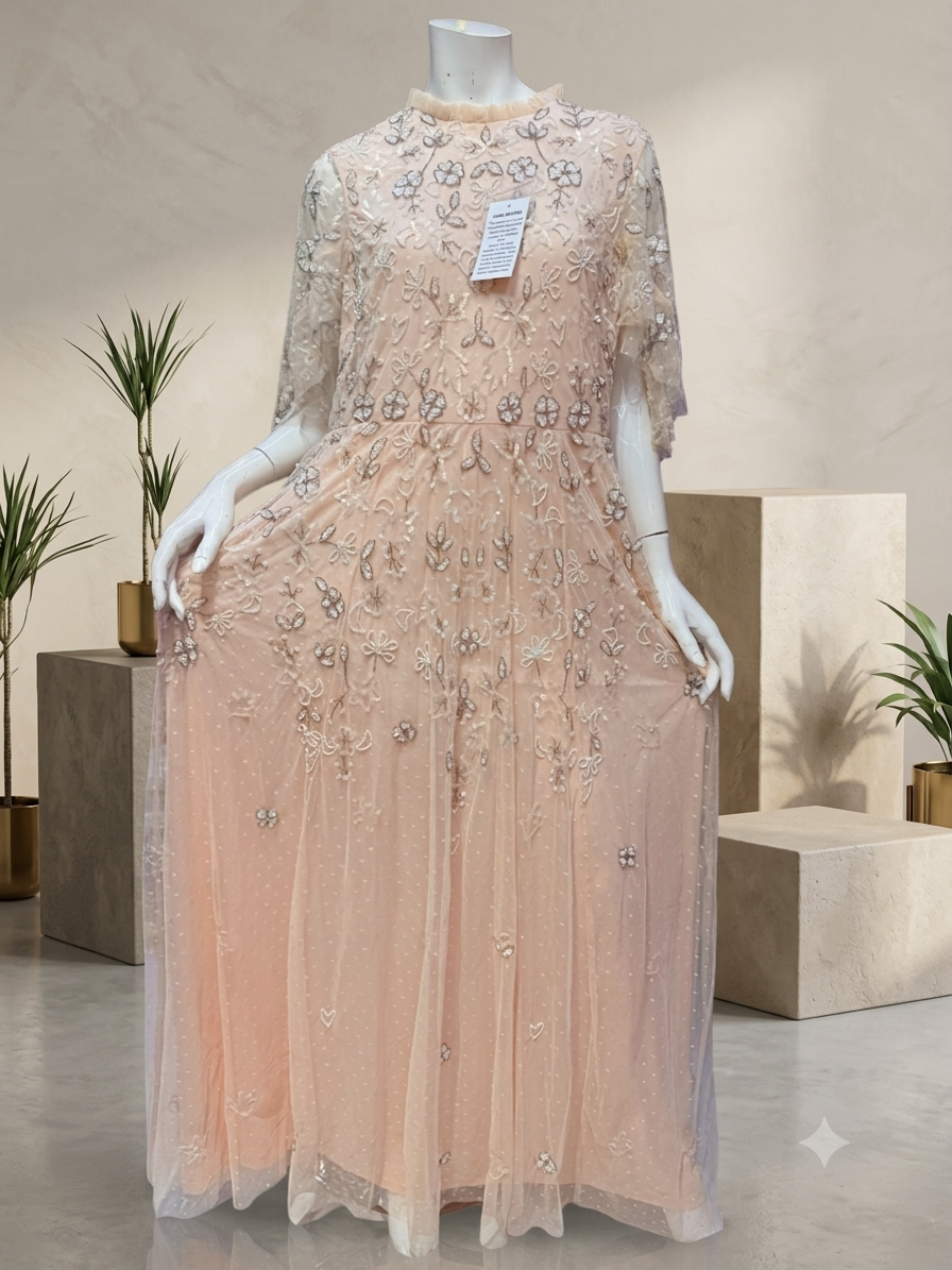 Lavender Hand-Beaded Floral Embroidery Maxi Dress with Flutter Sleeves