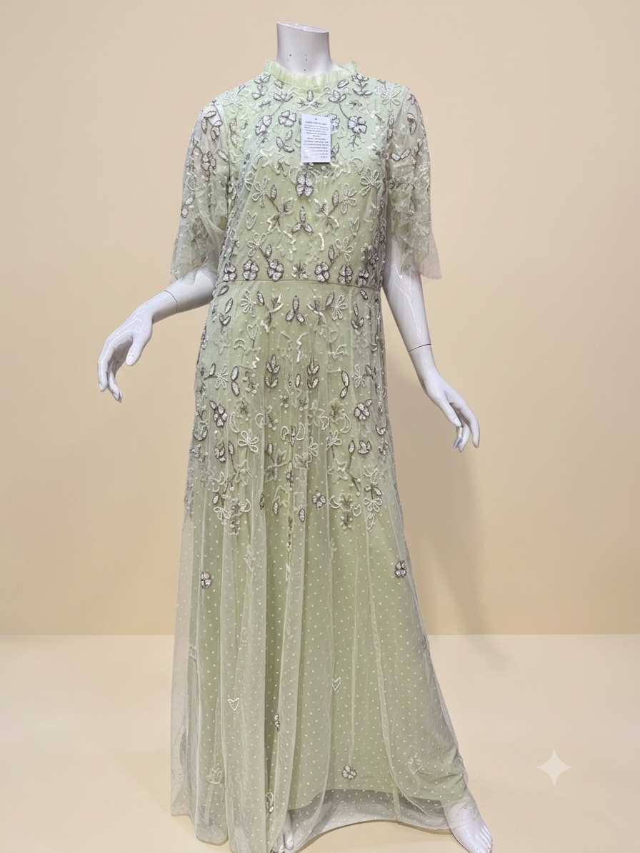Lavender Hand-Beaded Floral Embroidery Maxi Dress with Flutter Sleeves