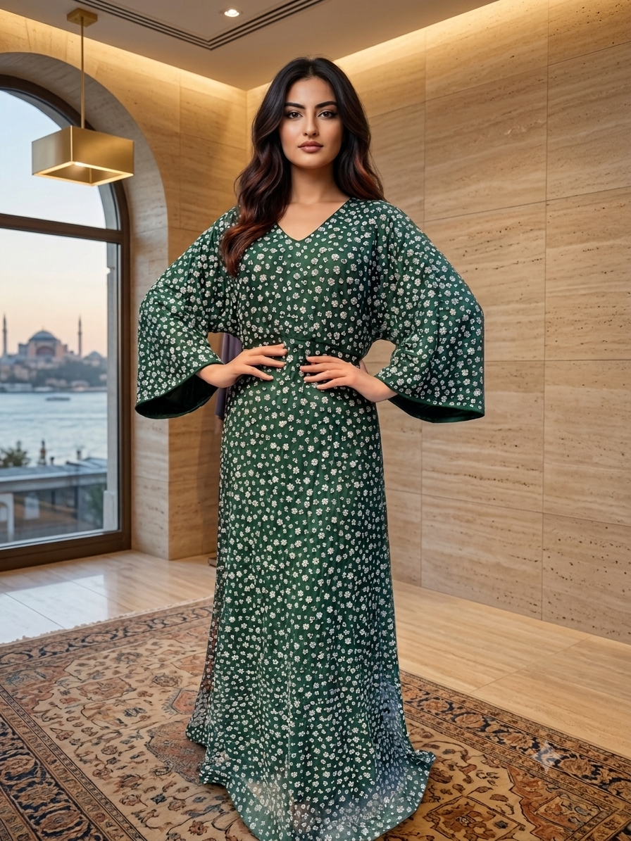 Ditsy Floral V-Neck Maxi Dress with Wide Sleeves