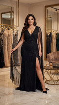 Midnight Black Geometric Embellished V-Neck Gown with Sheer Cape