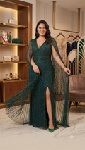 Emerald Green Geometric Embellished V-Neck Gown with Sheer Cape