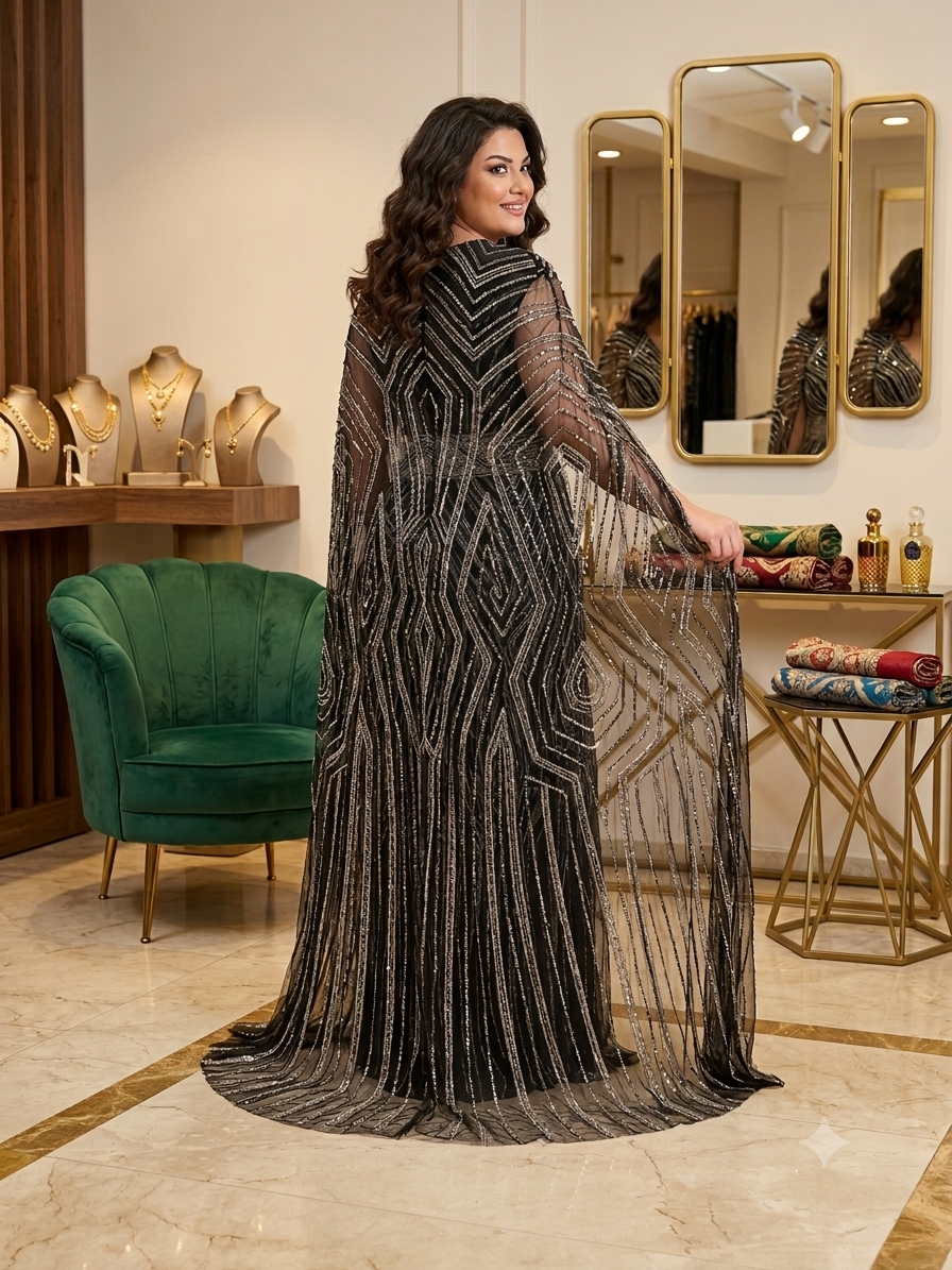 Sparkling Silver Beaded Geometric V-Neck Gown with Sheer Cape