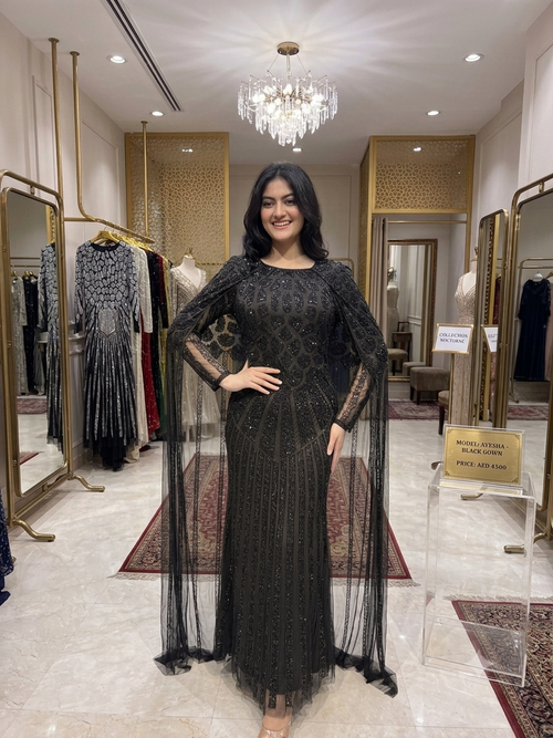 Hand-Embellished Geometric Evening Gown with Sheer Cape Overlay