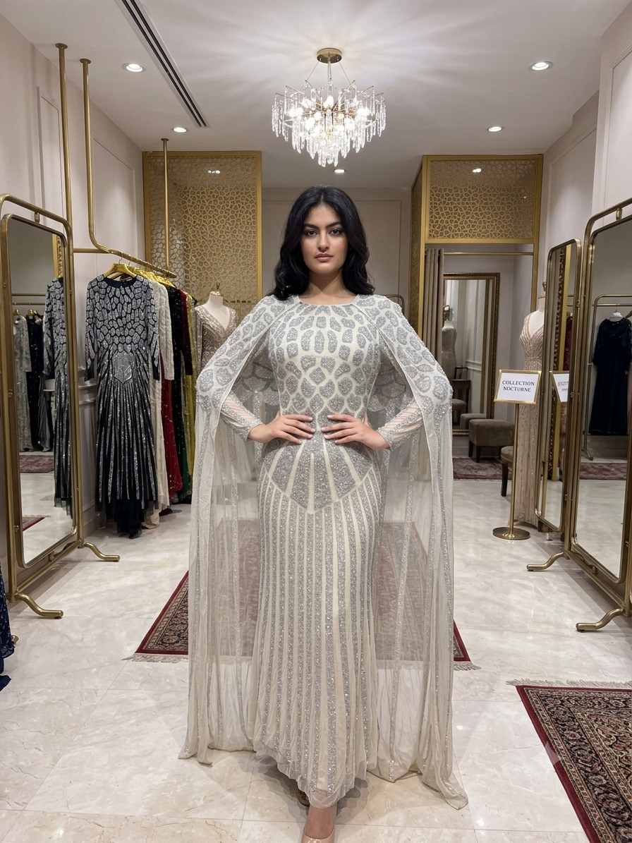 Hand-Embellished Geometric Evening Gown with Sheer Cape Overlay