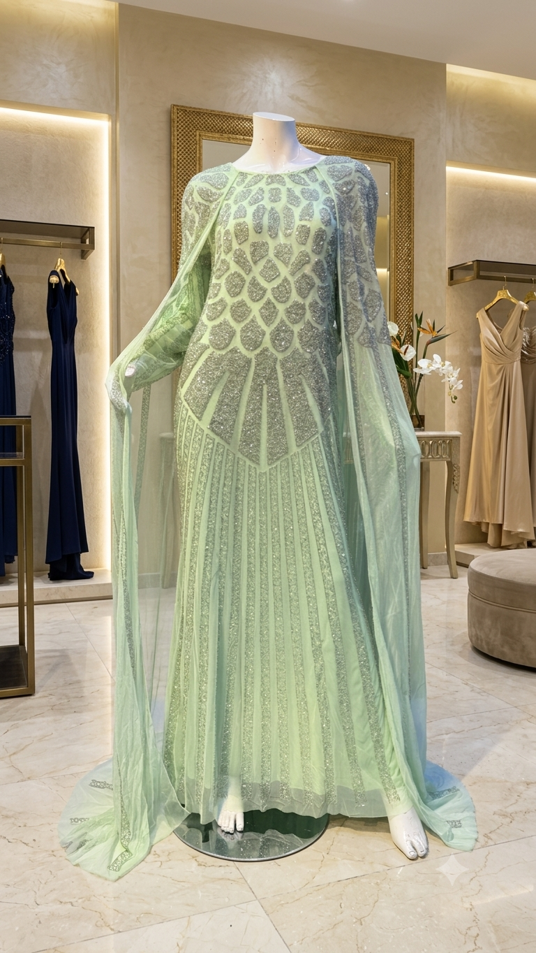 Hand-Embellished Geometric Evening Gown with Sheer Cape Overlay