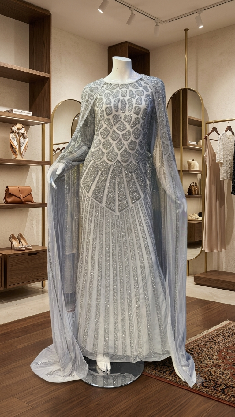 Hand-Embellished Geometric Evening Gown with Sheer Cape Overlay
