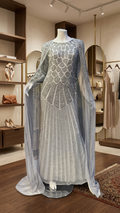 Hand-Embellished Geometric Evening Gown with Sheer Cape Overlay