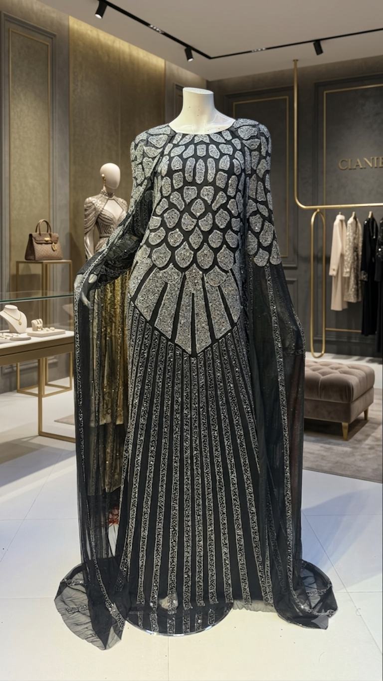 Hand-Embellished Geometric Evening Gown with Sheer Cape Overlay