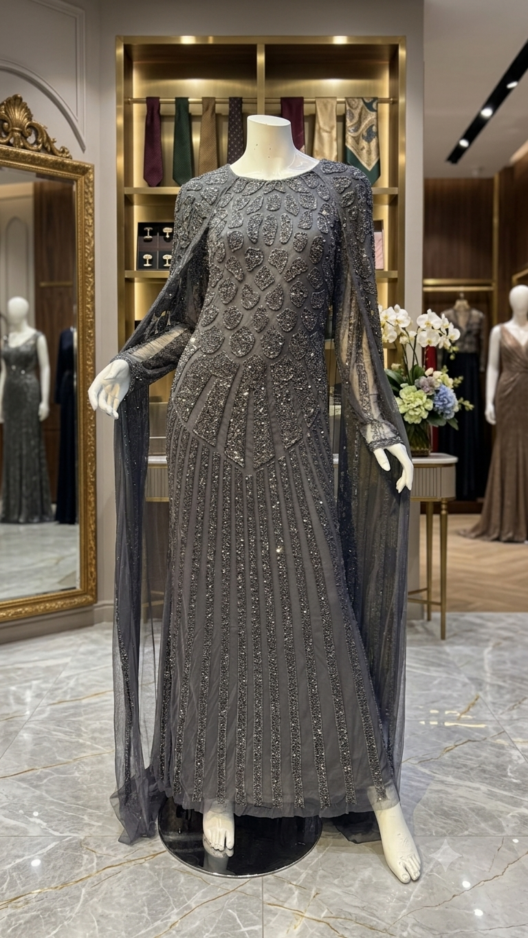 Hand-Embellished Geometric Evening Gown with Sheer Cape Overlay