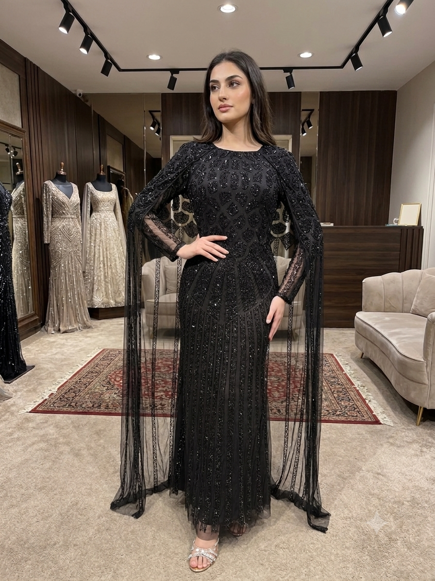Hand-Embellished Geometric Evening Gown with Sheer Cape Overlay