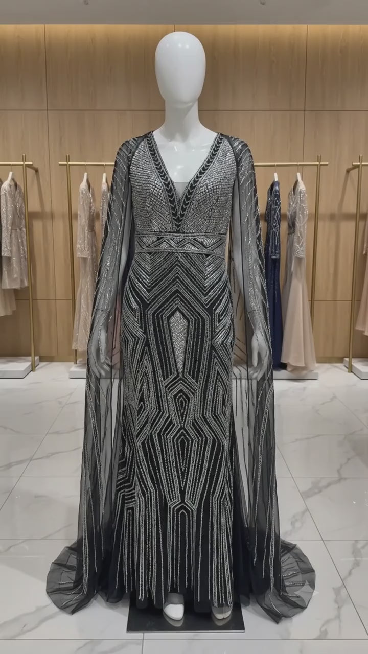Sparkling Silver Beaded Geometric V-Neck Gown with Sheer Cape