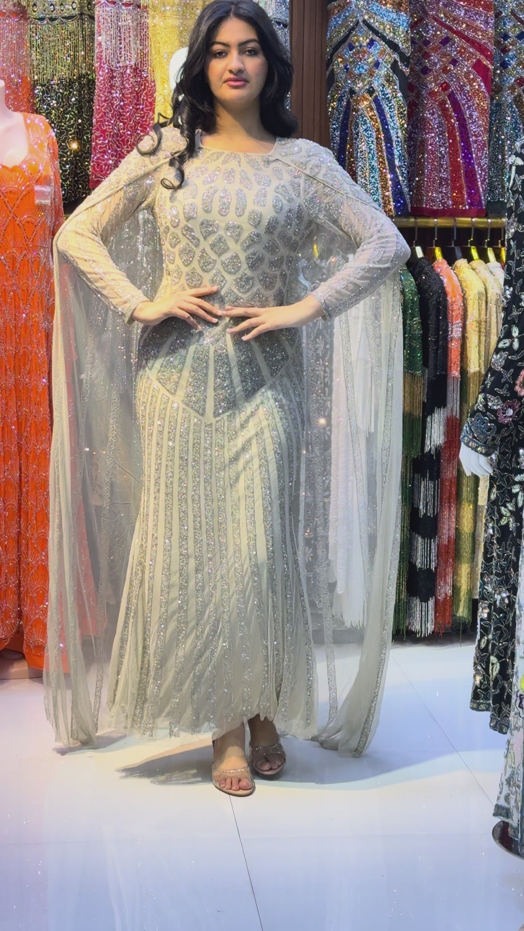 Hand-Embellished Geometric Evening Gown with Sheer Cape Overlay