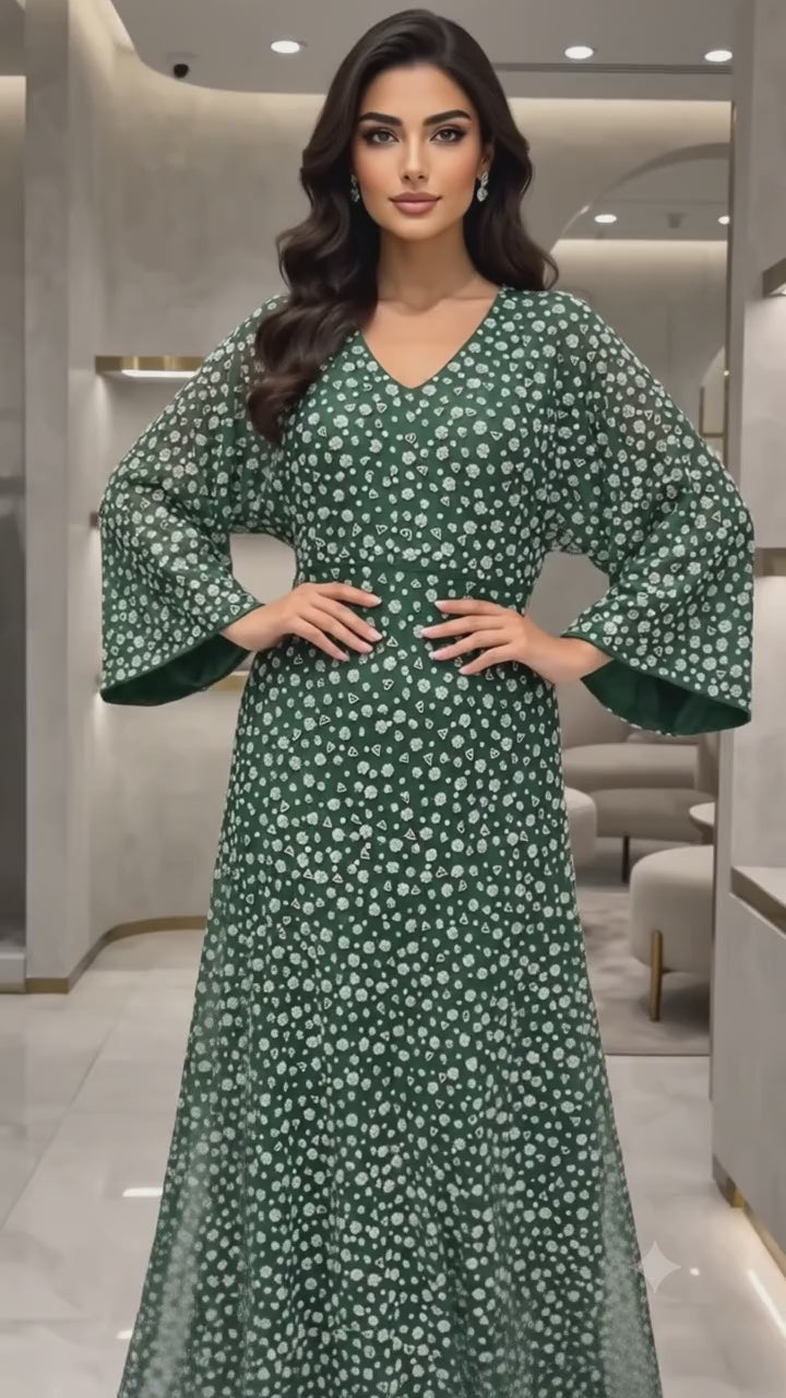 Ditsy Floral V-Neck Maxi Dress with Wide Sleeves