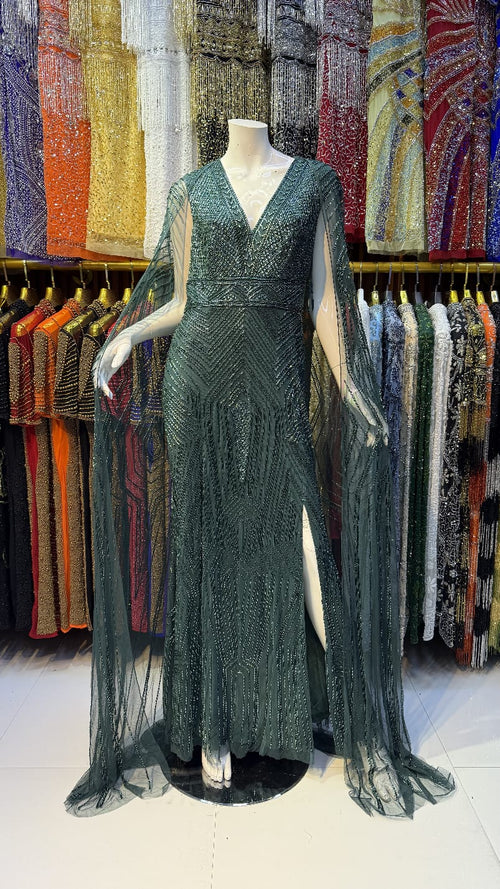 Emerald Green Geometric Embellished V-Neck Gown with Sheer Cape