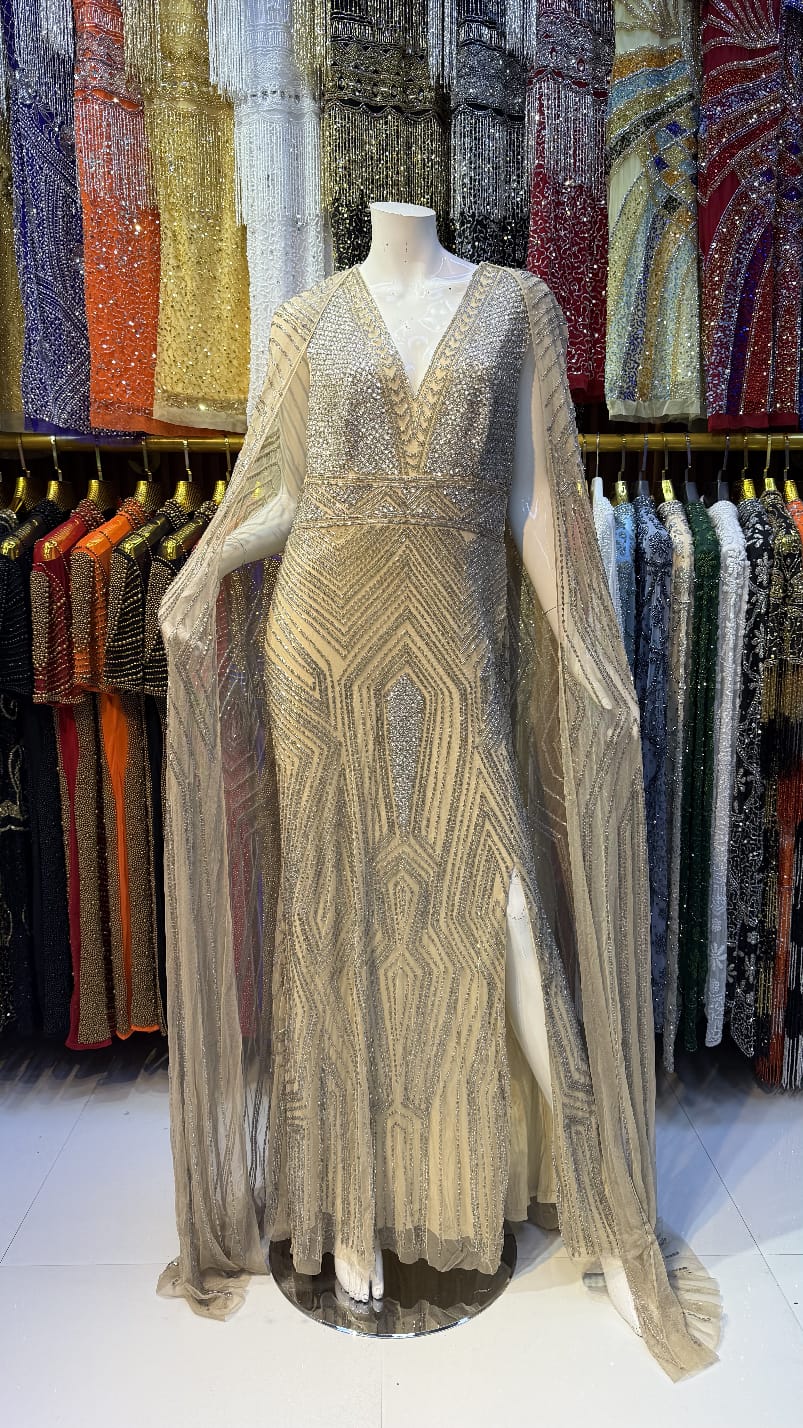 Nude & Silver Geometric Beaded V-Neck Evening Dress with Sheer Cape
