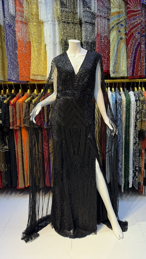 Midnight Black Geometric Embellished V-Neck Gown with Sheer Cape