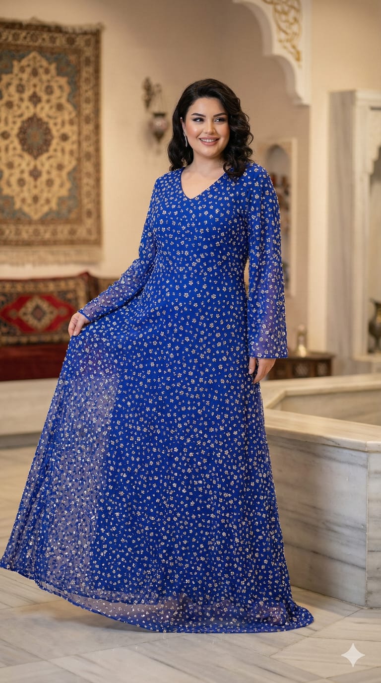 Ditsy Floral V-Neck Maxi Dress with Wide Sleeves