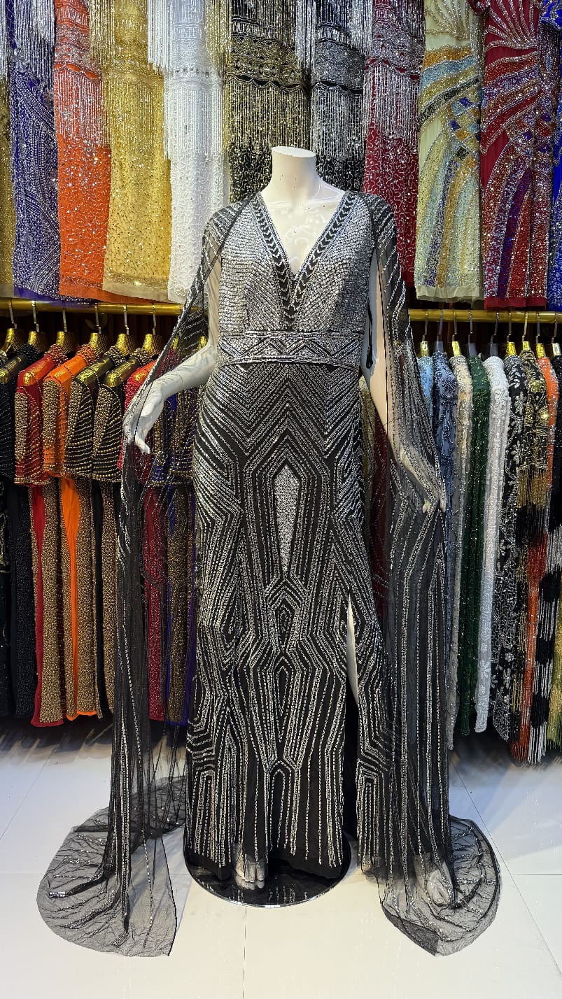 Sparkling Silver Beaded Geometric V-Neck Gown with Sheer Cape